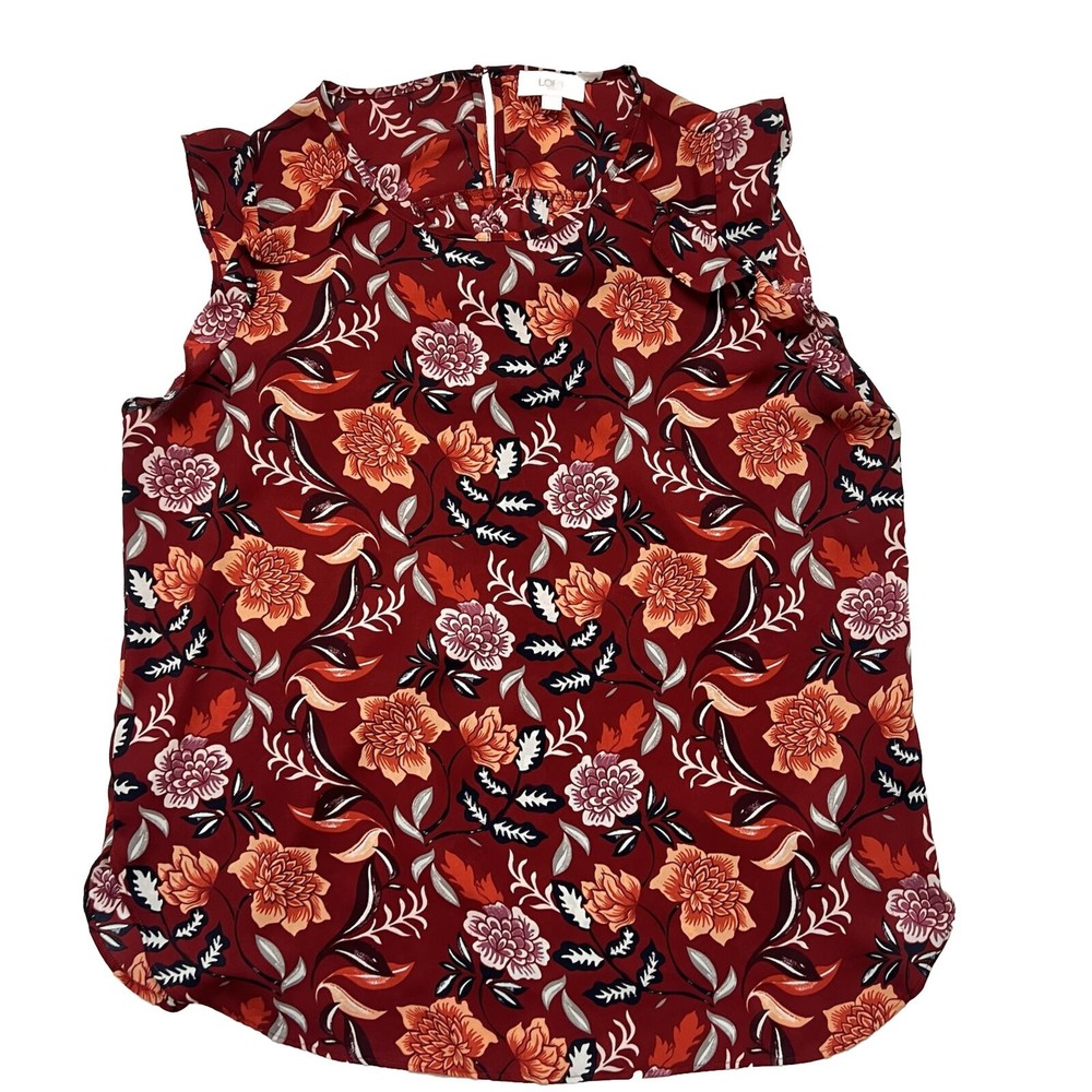 LOFT Women’s Sz L Red/ Orange High-Neck Ruffle sleeveless Blouse